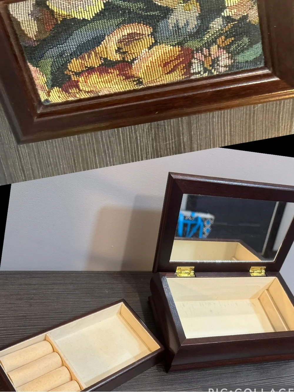 Vintage Classic Brown Wooden Jewelry Box with Mirror and Needlepoint Inlay